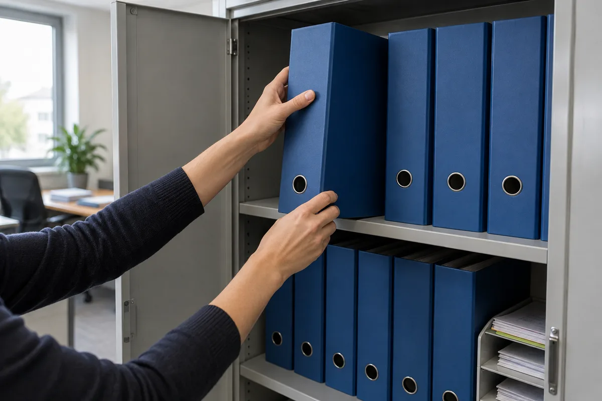 Mains rangeant des classeurs aux dos unis dans une armoire de bureau d&rsquo;une PME
