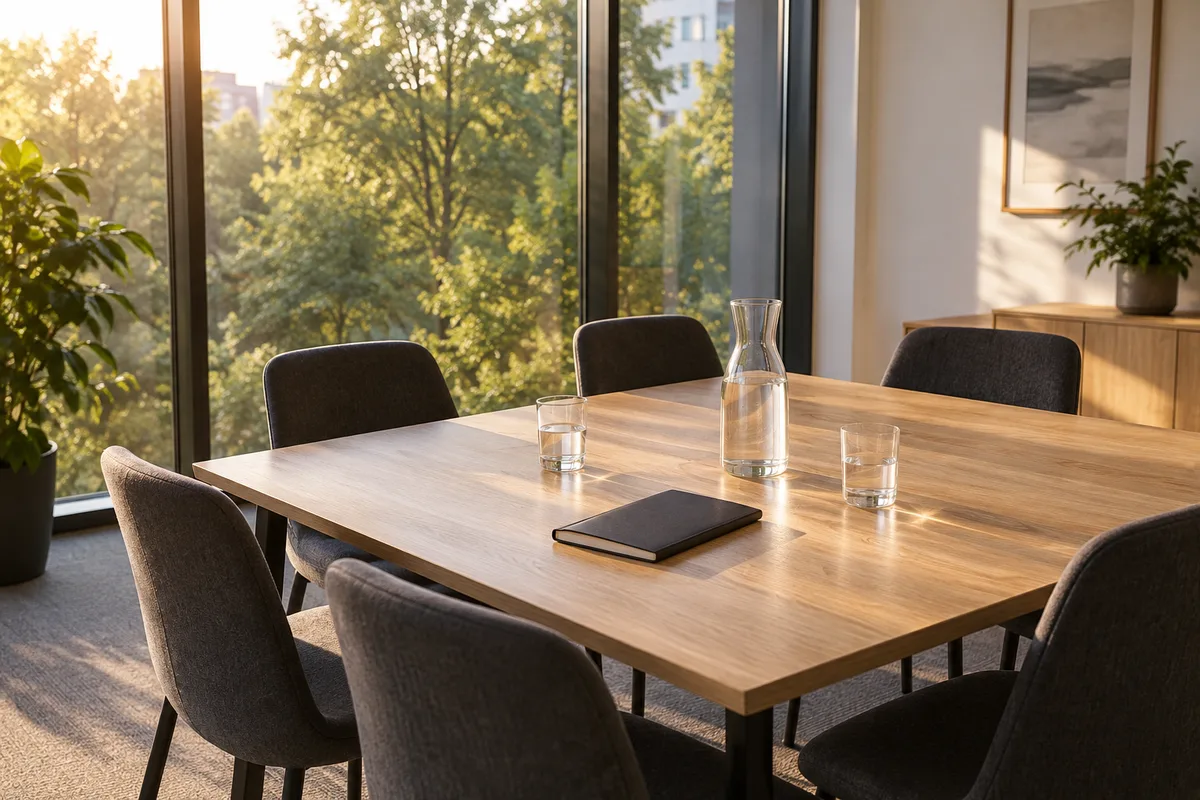 Salle de réunion vide d&rsquo;une PME avec une table en chêne, une carafe d&rsquo;eau et des chaises grises
