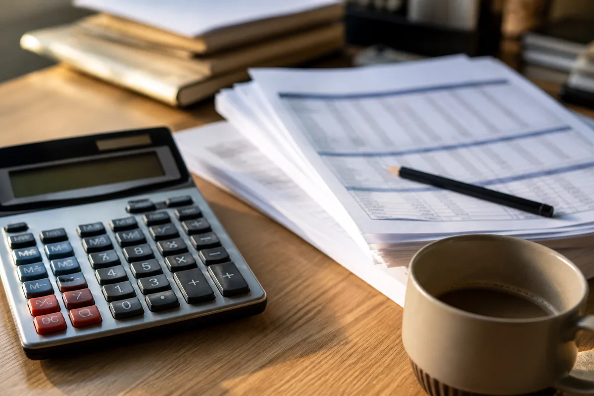 Plan de travail avec une calculatrice de bureau, une pile de factures papier et une tasse de café