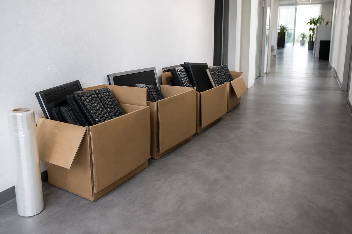 Cartons d&rsquo;équipements informatiques préparés pour un enlèvement dans un couloir de bureaux