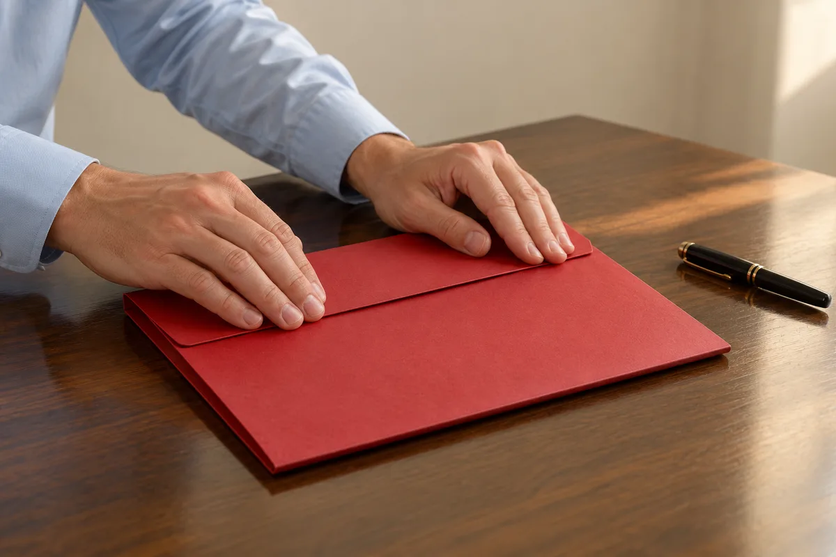 Mains qui referment une chemise cartonnée rouge sur un bureau en bois sombre