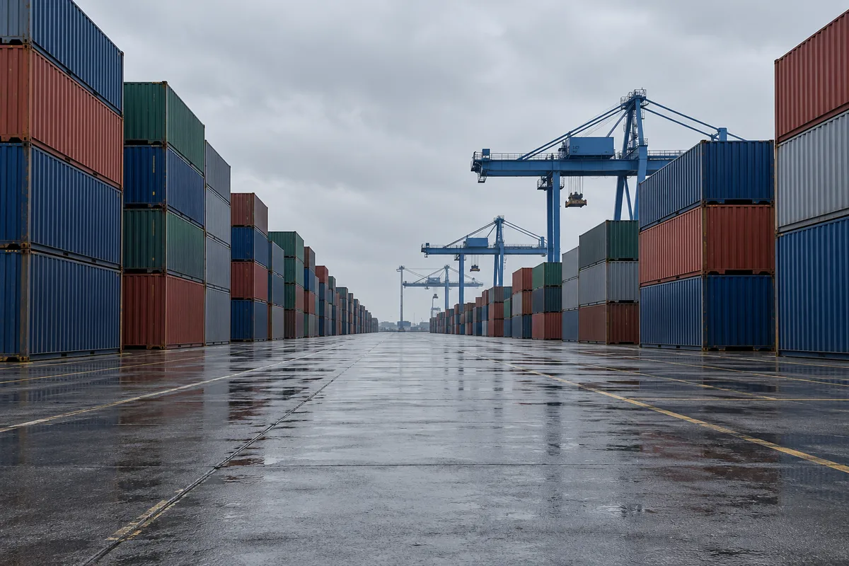 Conteneurs maritimes de couleurs unies empilés sur un terminal portuaire sous un ciel gris