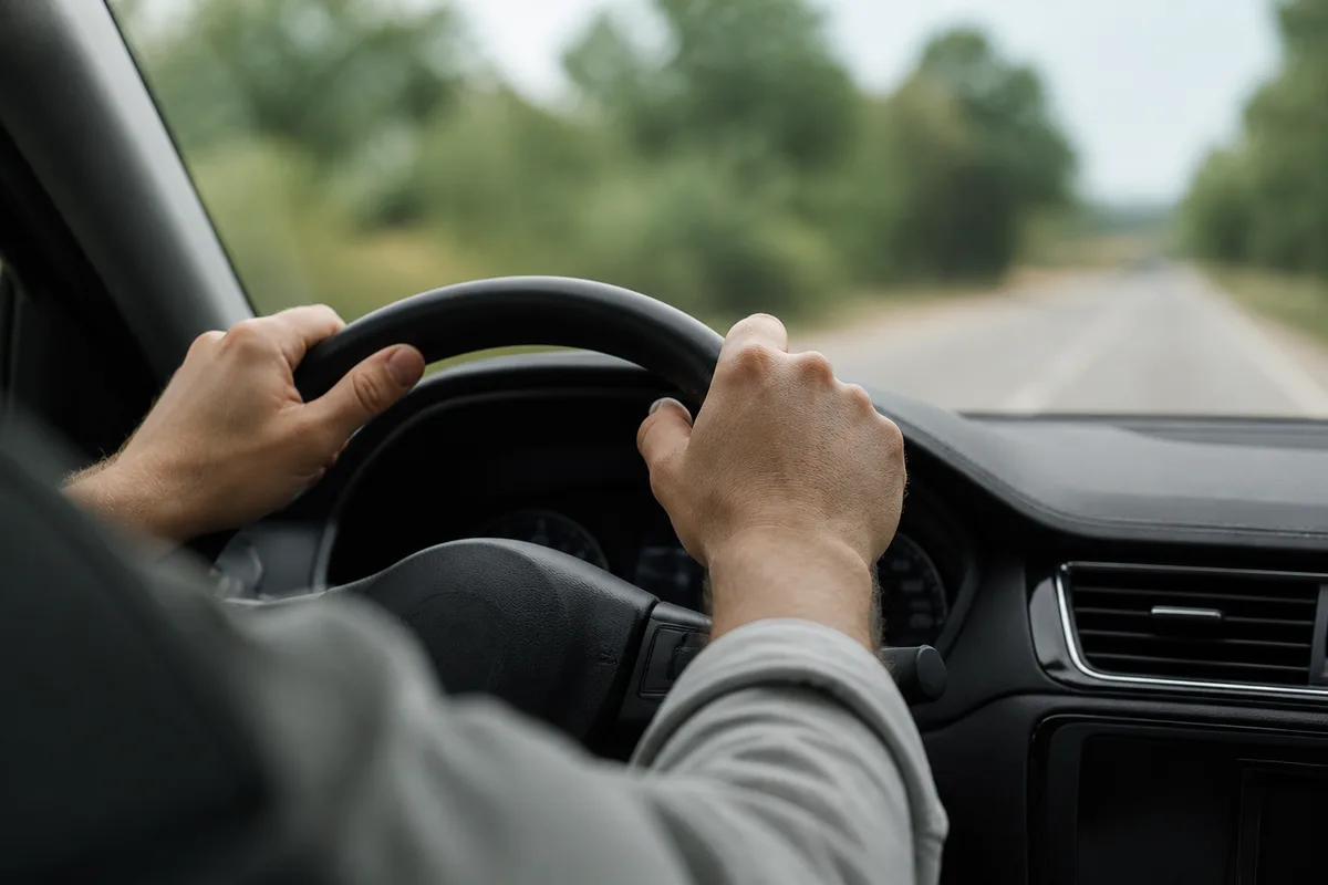 Mains d&rsquo;un conducteur posées sur le volant lors d&rsquo;un déplacement professionnel