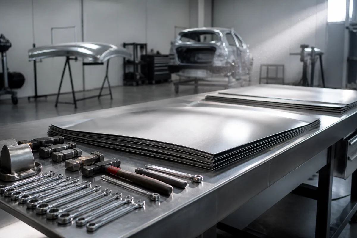 Établi d&rsquo;atelier de carrosserie en acier brossé avec pièces de tôle neuves empilées
