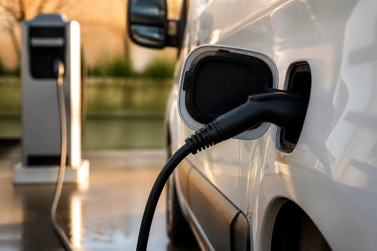 Câble de recharge branché sur la trappe latérale d&rsquo;un véhicule utilitaire électrique