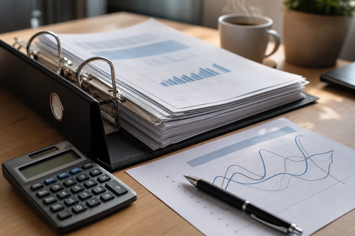 Bureau de dirigeant avec dossier d’assurance ouvert, calculatrice et graphique de chiffre d’affaires imprimé