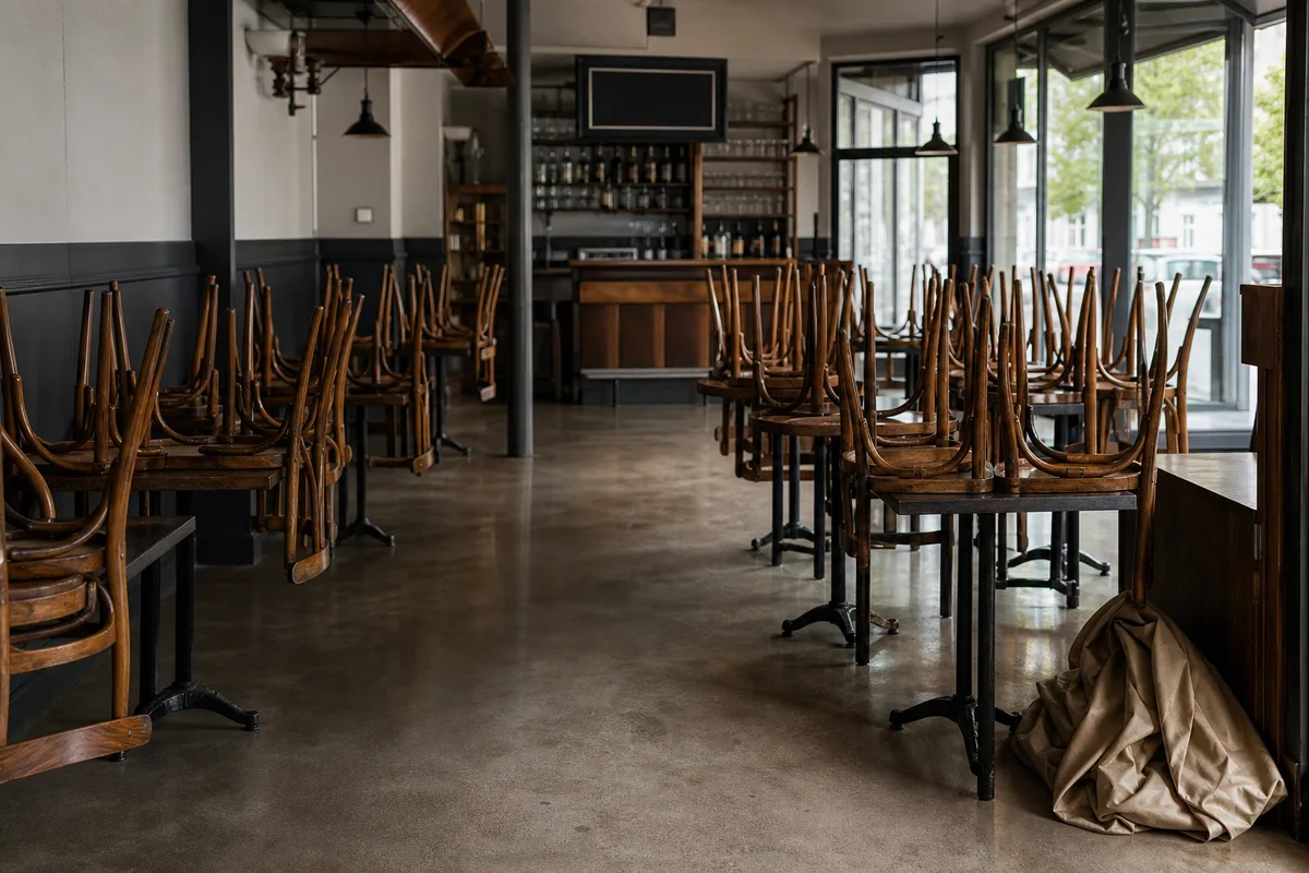 Restaurant fermé temporairement après travaux, chaises posées sur les tables et enseigne éteinte