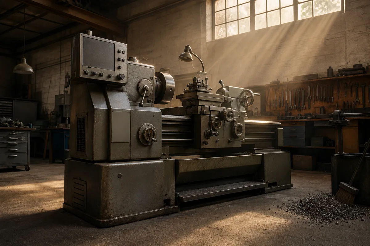 Atelier d’artisan avec machine à l’arrêt, outils rangés et lumière naturelle entrant par une fenêtre haute
