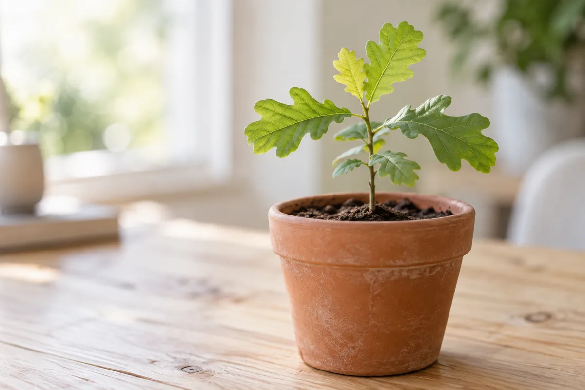 Jeune plant de chêne dans un pot en terre cuite posé sur un bureau, lumière douce