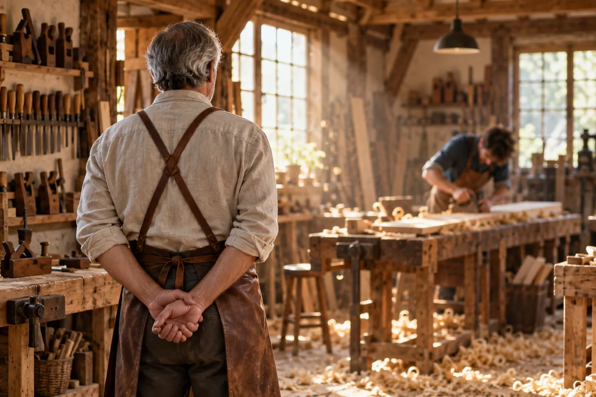 Dirigeant vu de dos dans son atelier de menuiserie, un jeune artisan au travail au fond