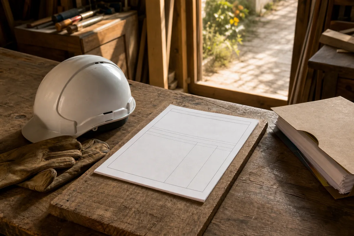 Bureau d&rsquo;artisan avec devis, casque de chantier et contrat d&rsquo;assurance posés sur un plan de travail