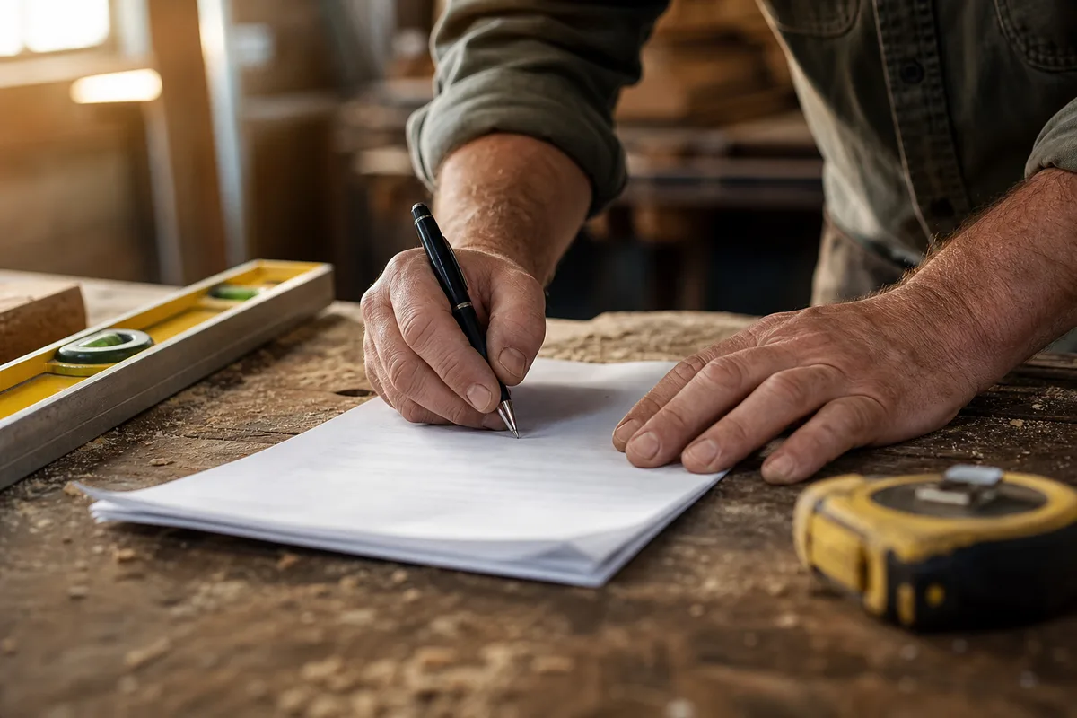 Mains d&rsquo;un artisan signant un devis de chantier à côté d&rsquo;un mètre et d&rsquo;un niveau à bulle