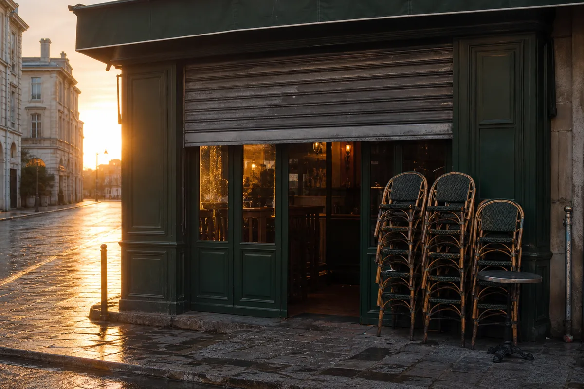 Devanture d&rsquo;un café restaurant français au petit matin, rideau métallique à demi levé
