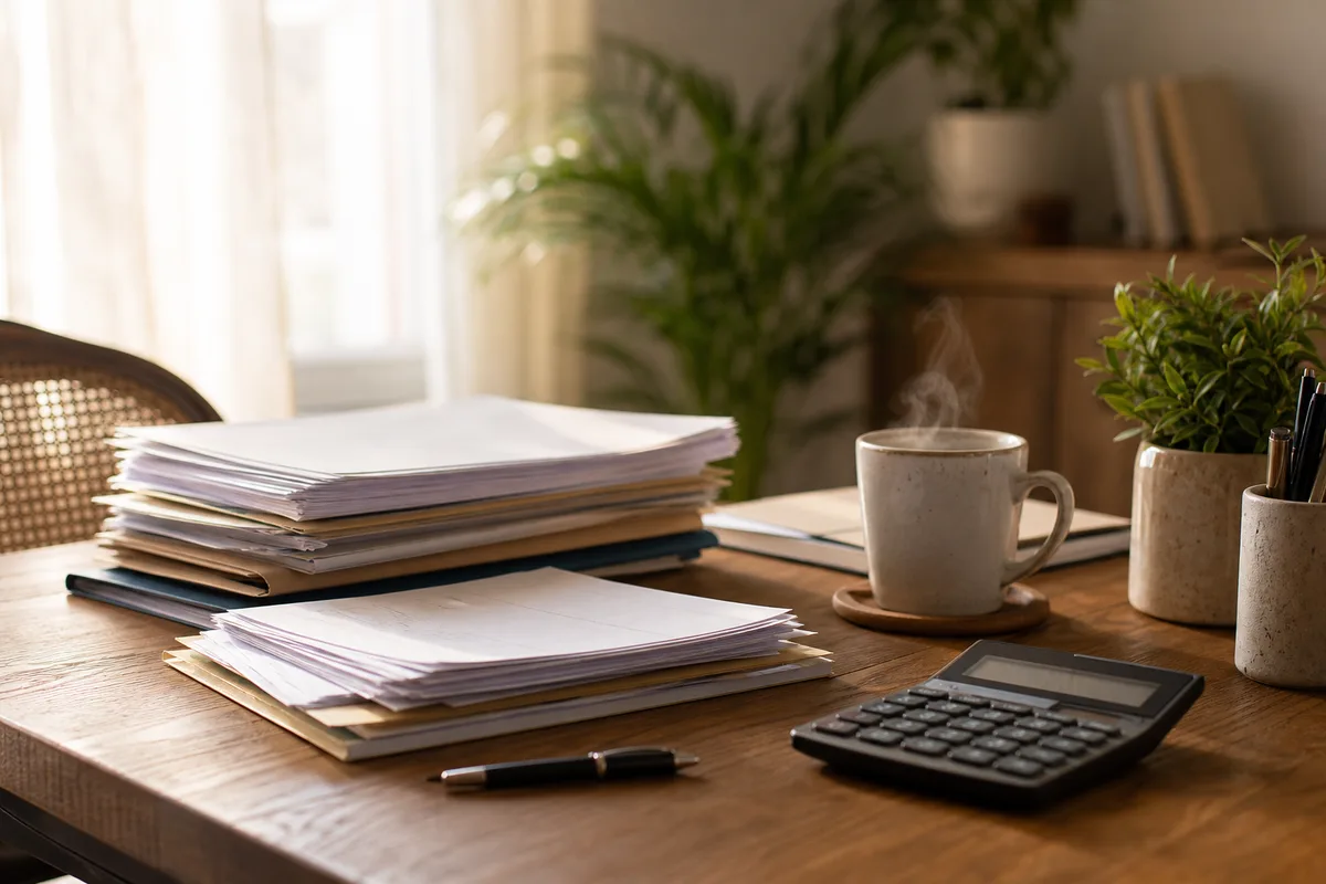 Bureau lumineux avec documents de prévoyance, calculatrice et tasse de café en début de journée