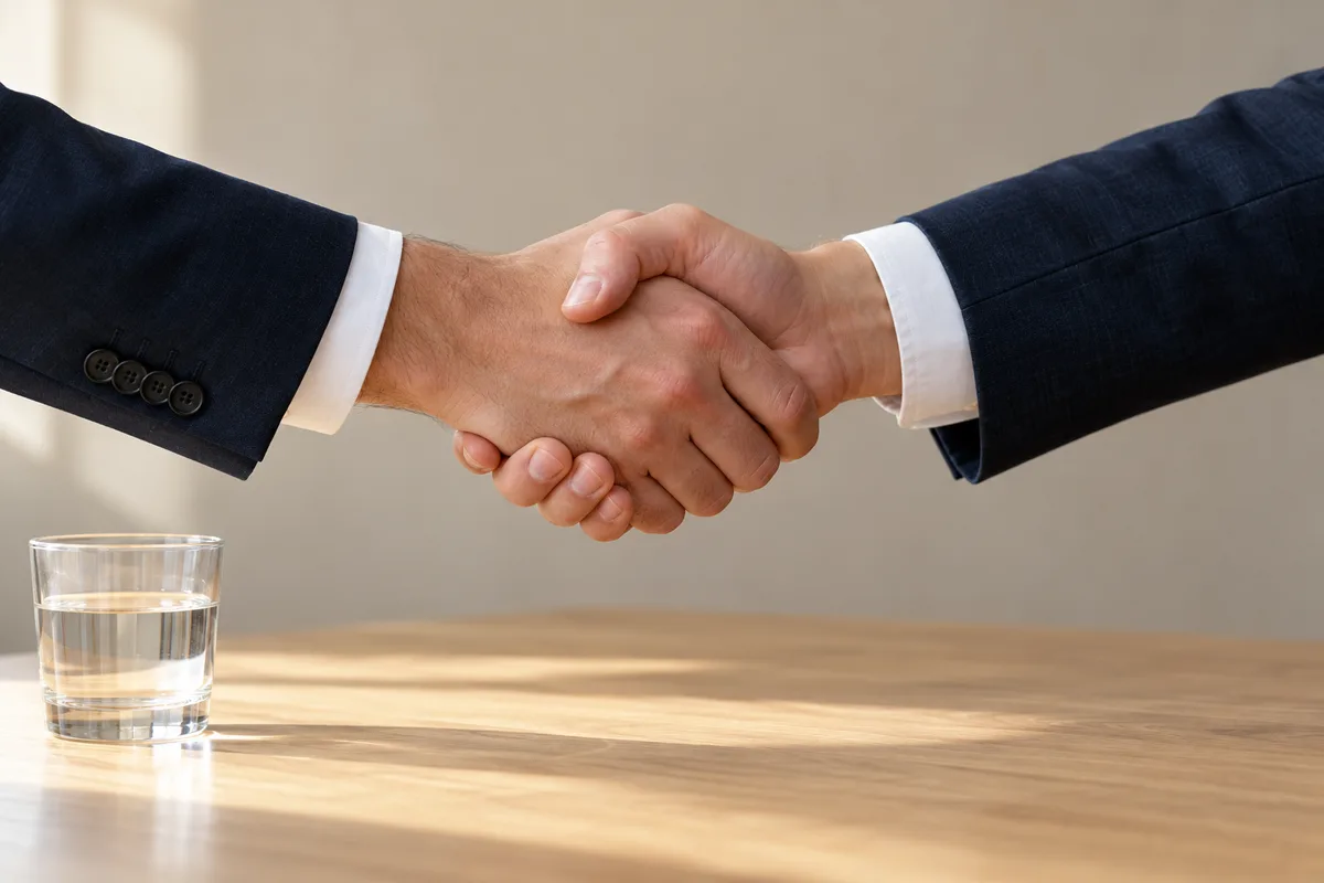 Deux mains qui se serrent au-dessus d&rsquo;une table de réunion en bois clair, à l&rsquo;entrée d&rsquo;un nouvel associé