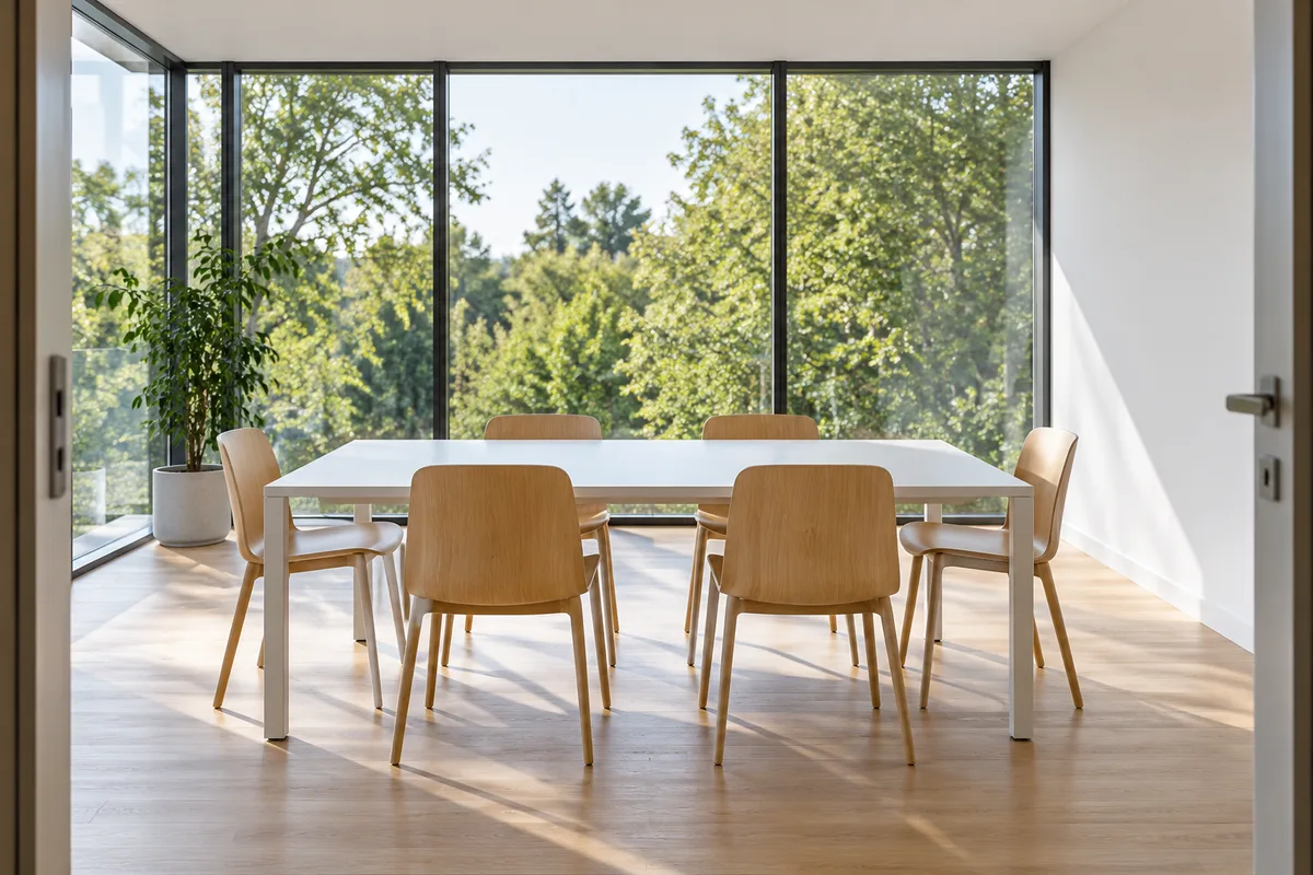 Salle de réunion lumineuse et déserte, six chaises vides autour d&rsquo;une table blanche