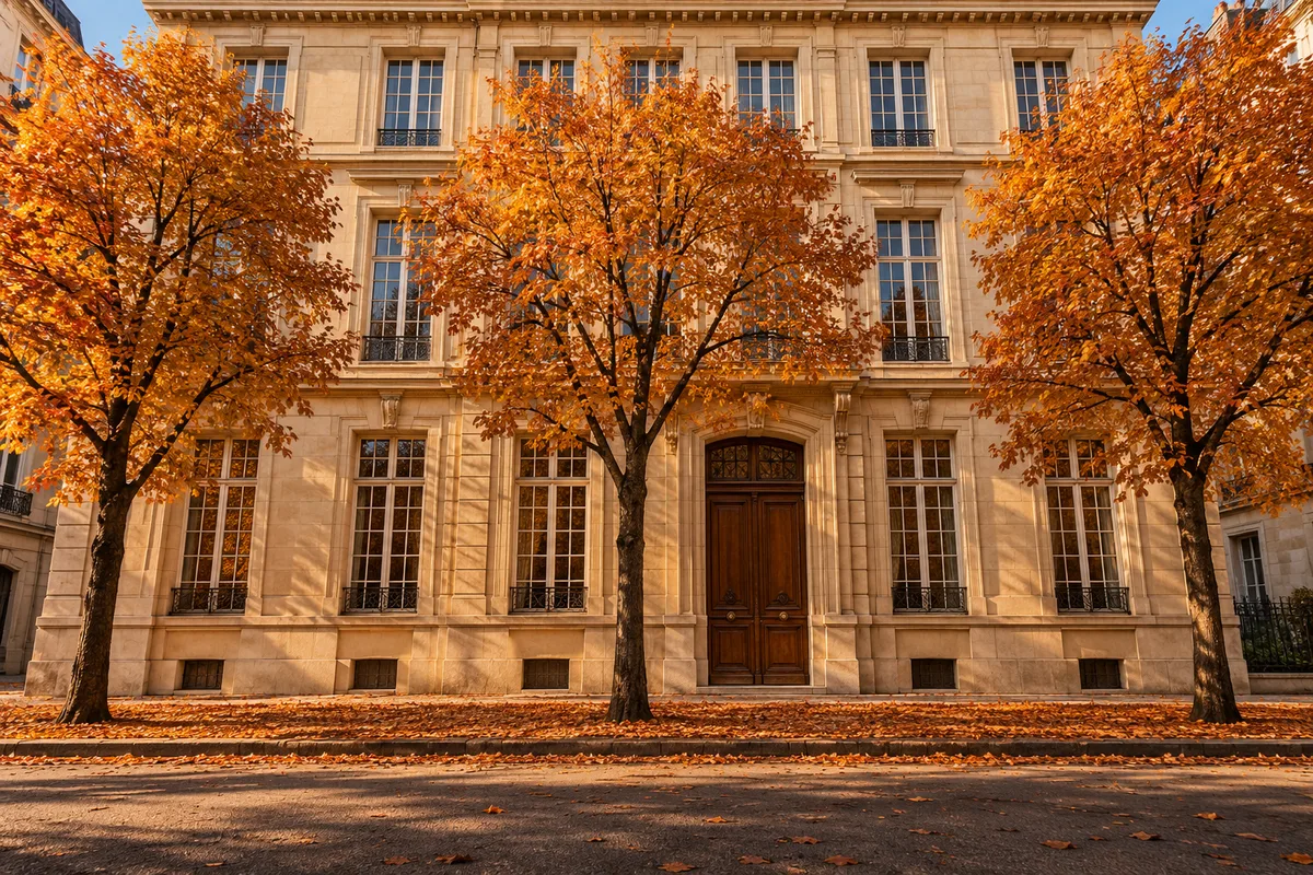 Façade en pierre de taille d&rsquo;un immeuble de bureaux bordée d&rsquo;arbres aux couleurs d&rsquo;automne
