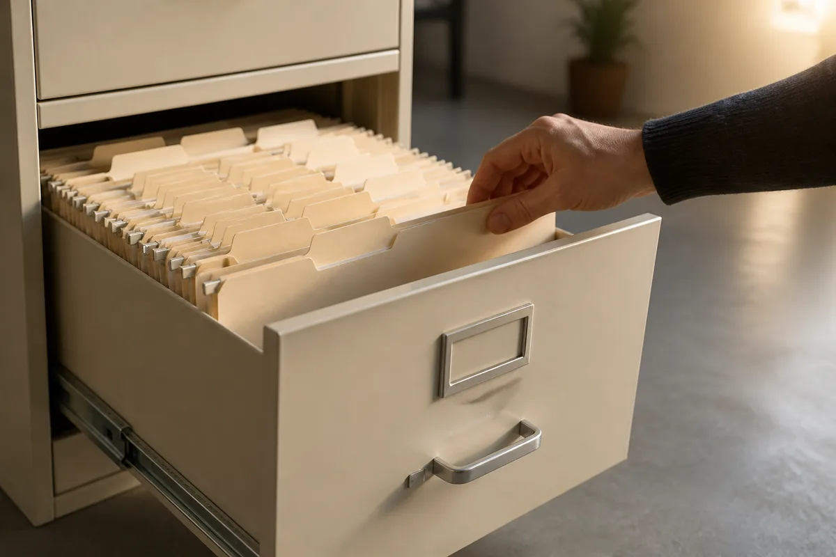 Tiroir d&rsquo;armoire à dossiers suspendus consulté par une main