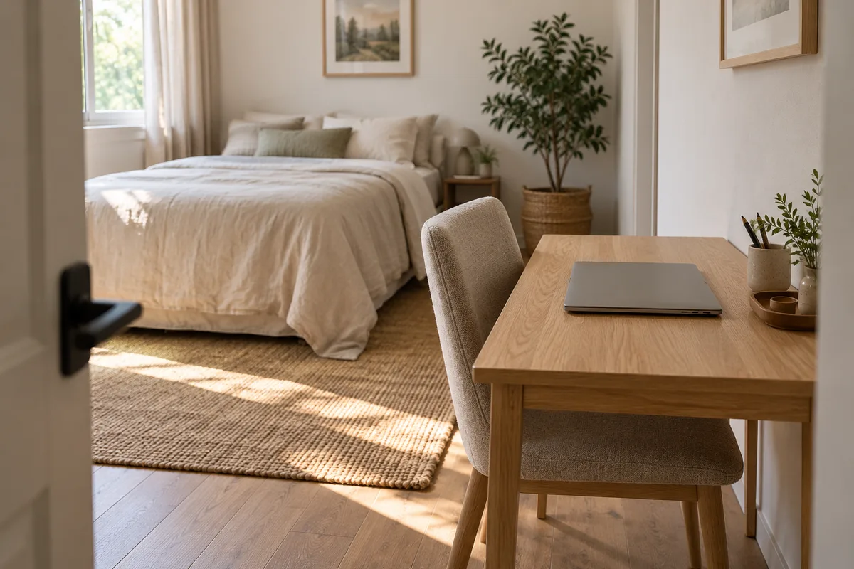 Coin bureau installé dans une chambre d’amis, ordinateur portable fermé sur une table en chêne clair