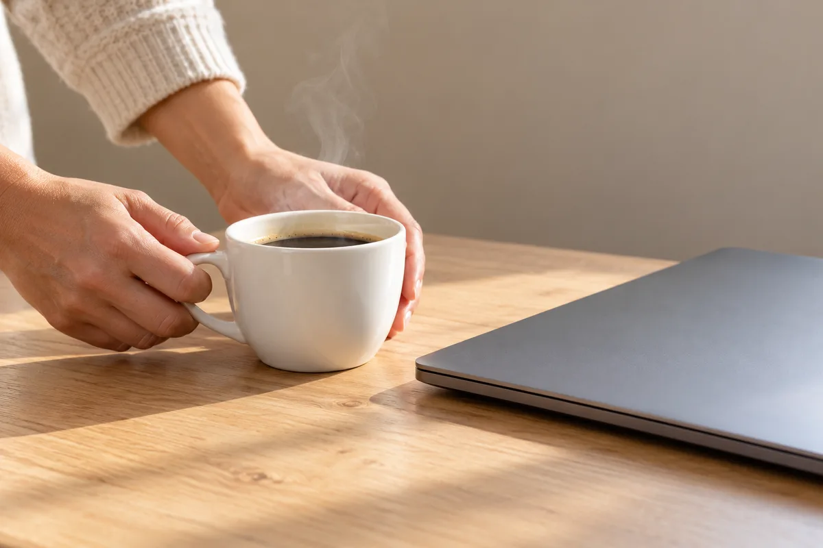 Mains posant une tasse de café à côté d’un ordinateur portable fermé sur une table en bois