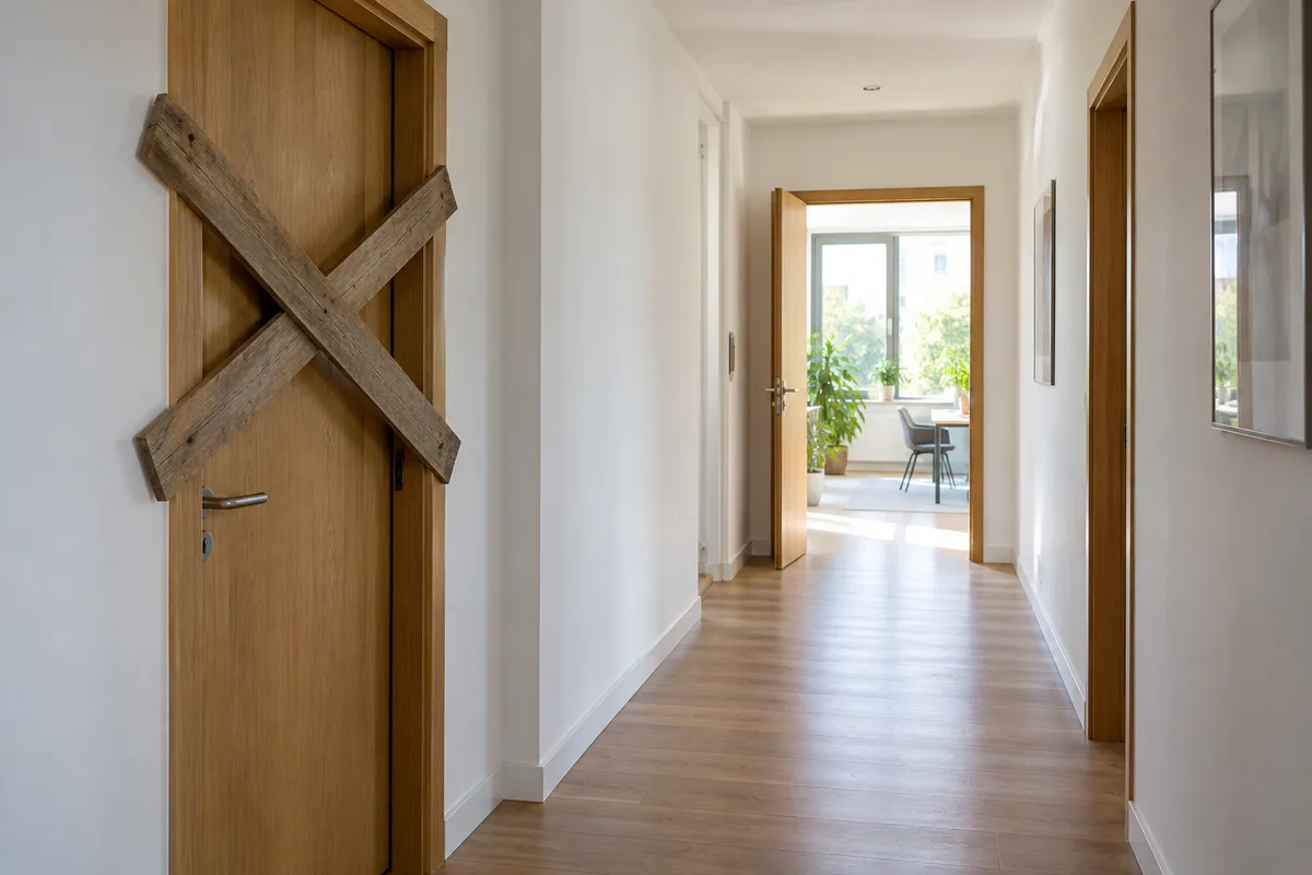 Couloir de bureaux avec une porte condamnée et une autre ouverte sur une pièce lumineuse