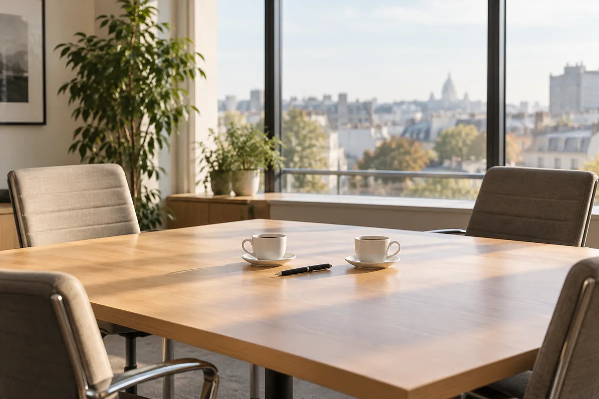Table de réunion en bois clair, deux tasses de café et un stylo fermé