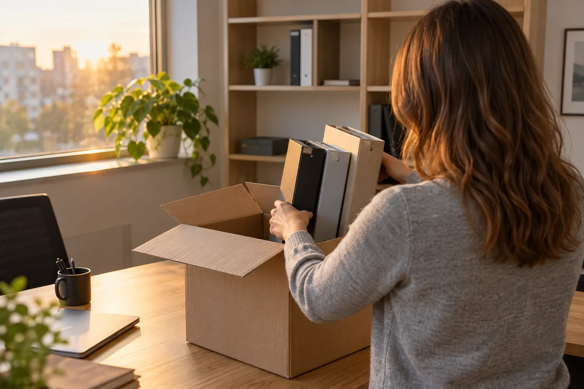 Personne vue de dos rangeant des classeurs fermés dans un carton posé sur un bureau