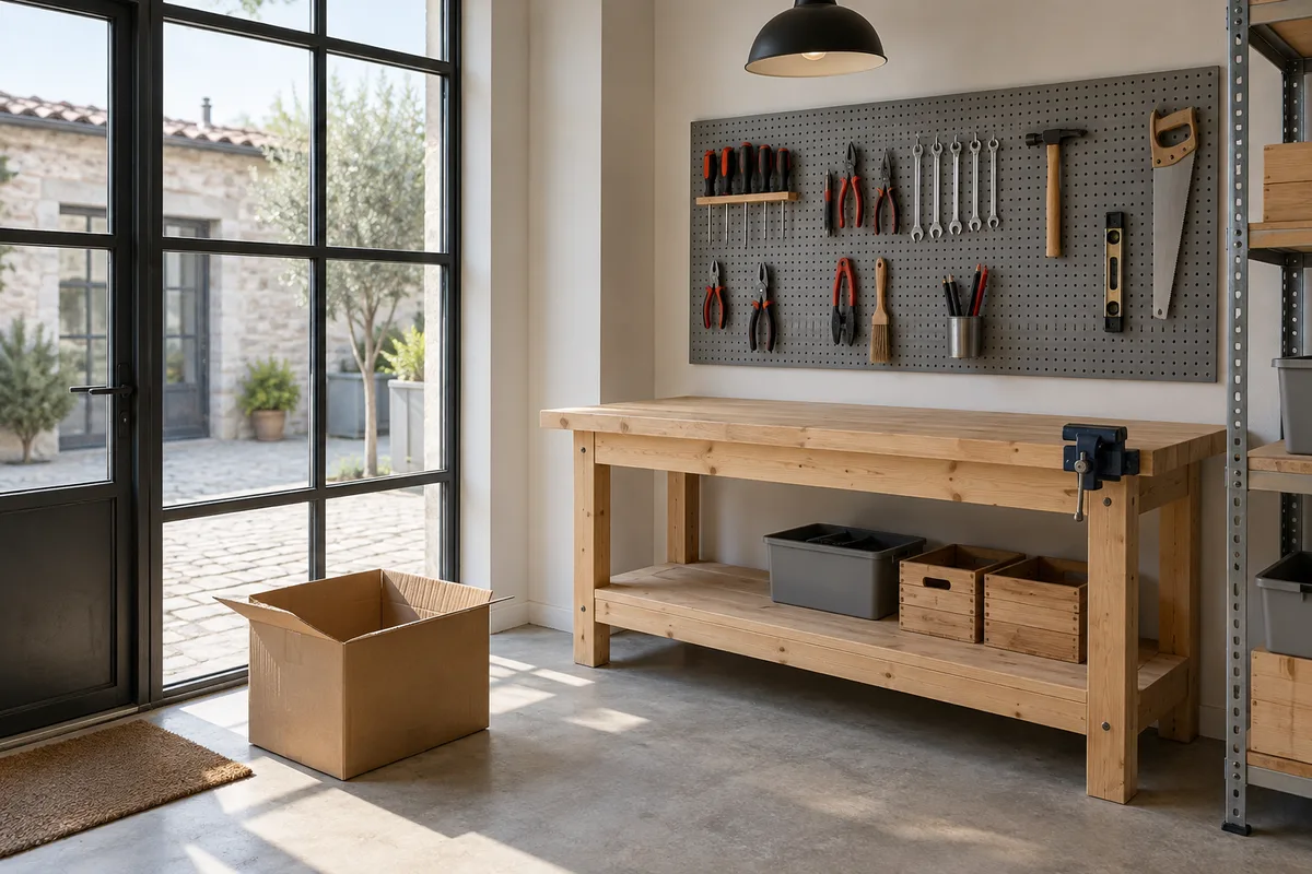 Atelier neuf encore vide, établi en bois et outils accrochés, prêt pour une nouvelle activité