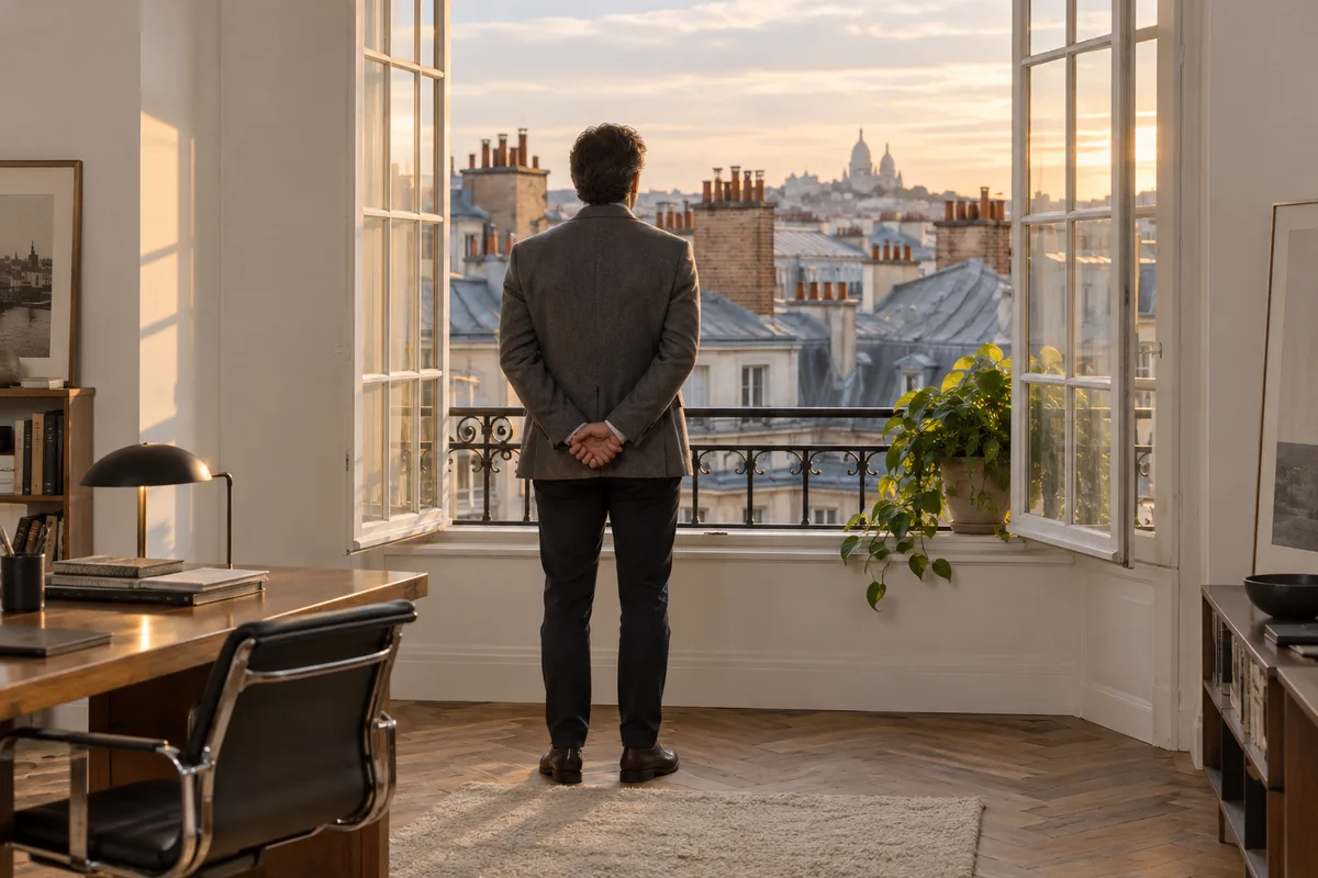 Personne vue de dos, mains jointes, devant la fenêtre d’un bureau ouvrant sur des toits de zinc