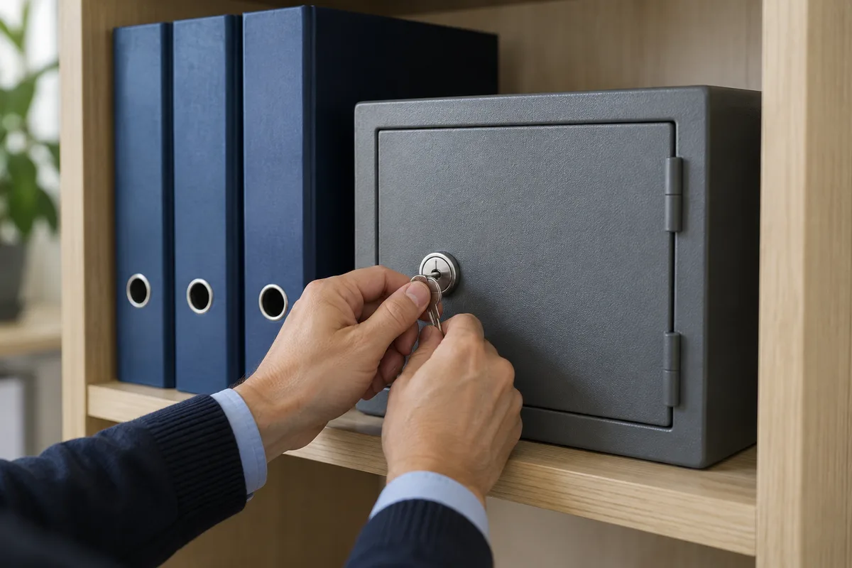 Mains tournant la clé d’un petit coffre-fort gris posé sur l’étagère d’un bureau