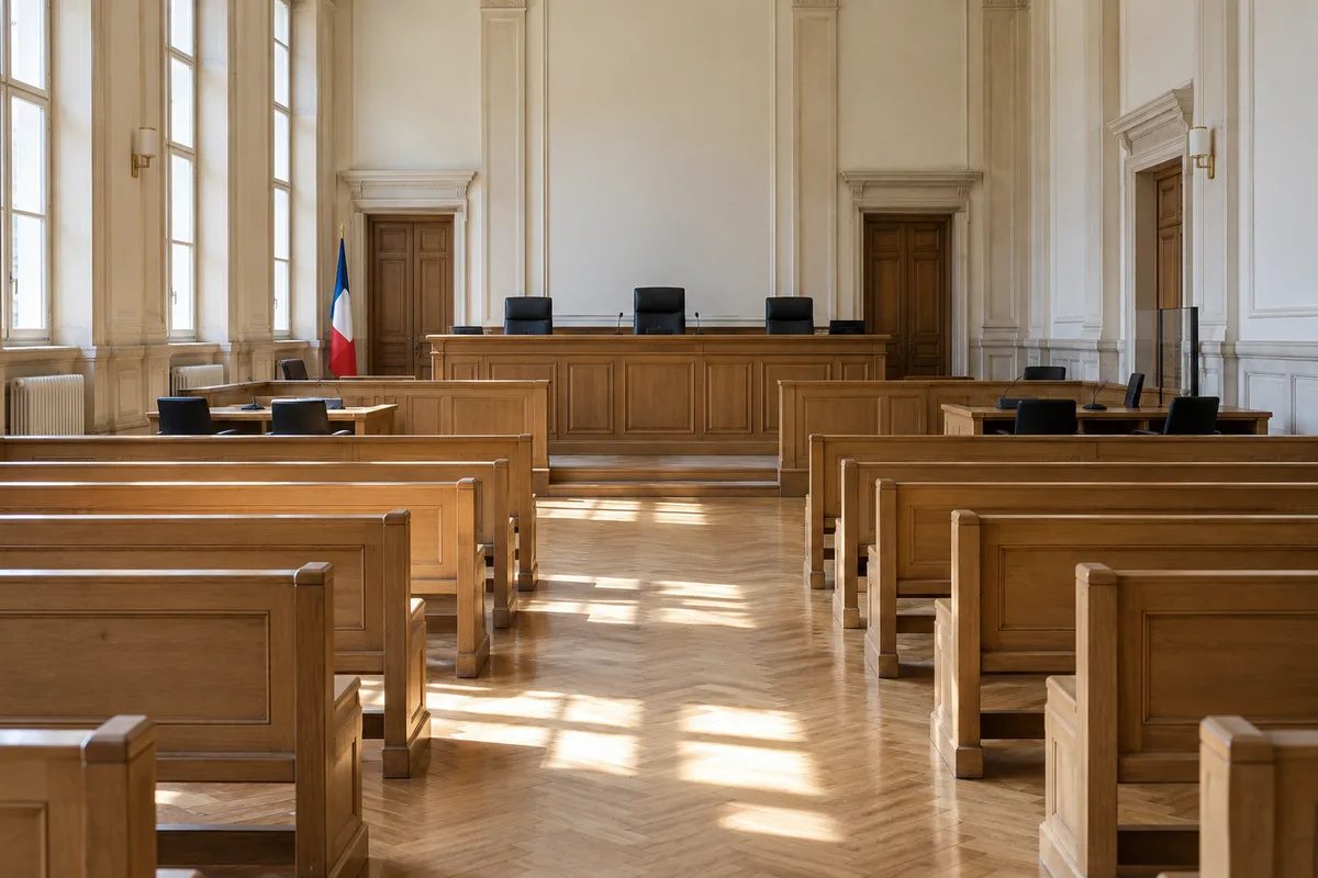 Salle d’audience vide aux bancs de bois clair, éclairée par de hautes fenêtres