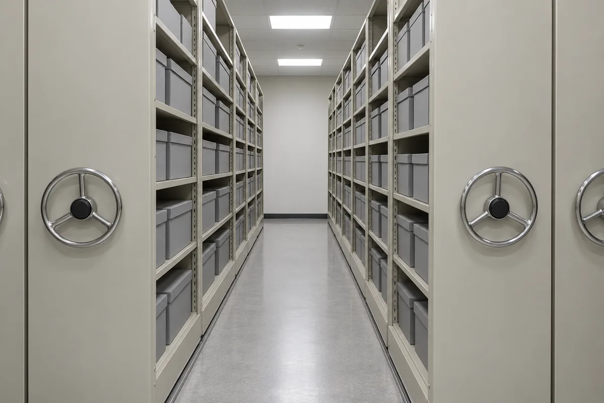 Rayonnages mobiles d&rsquo;une salle d&rsquo;archives garnis de boîtes grises unies