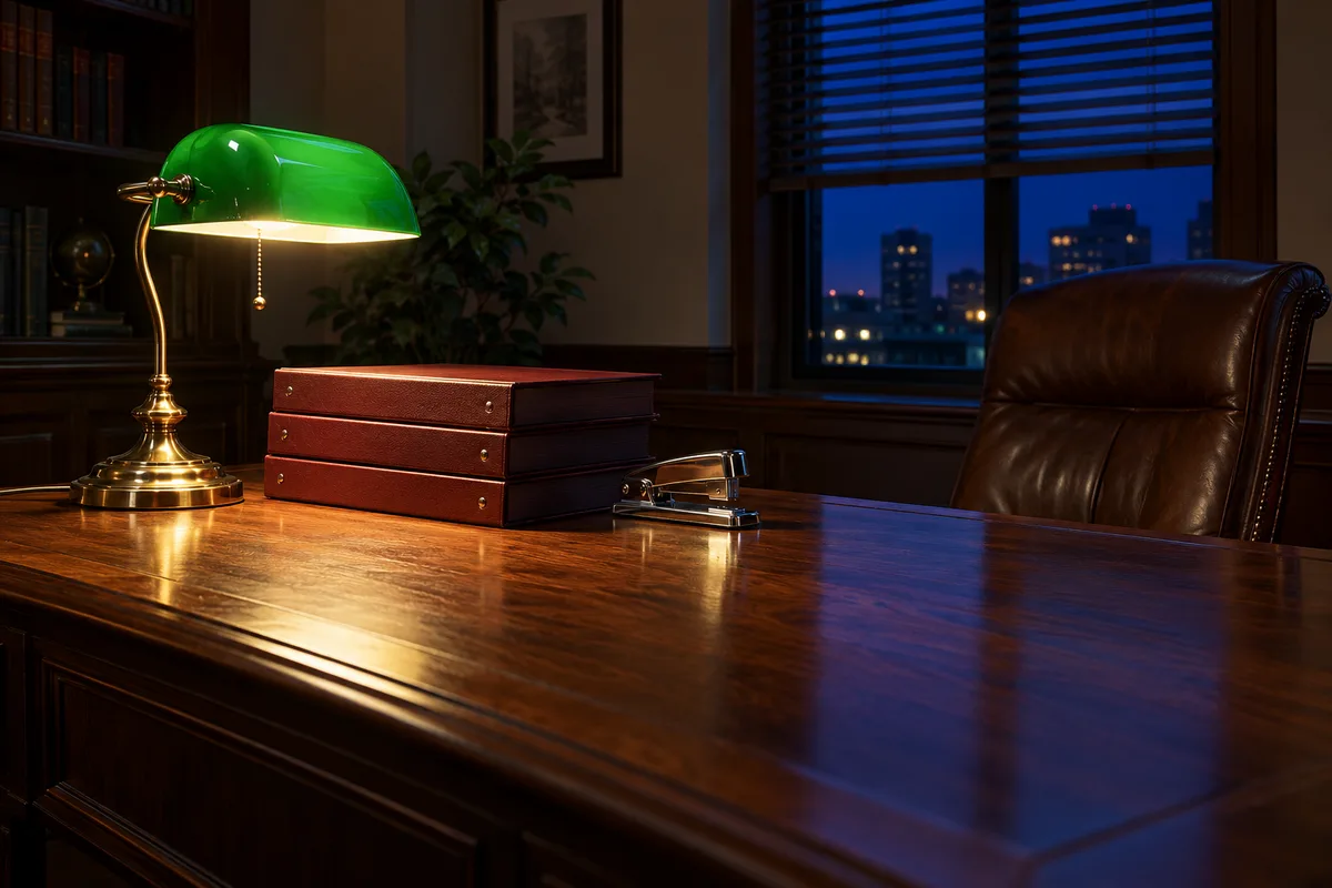 Bureau de comptabilité désert le soir sous une lampe verte allumée