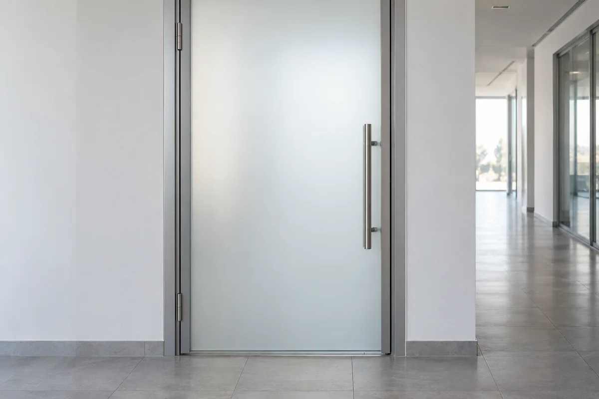 Porte vitrée dépolie et fermée d&rsquo;un bureau administratif