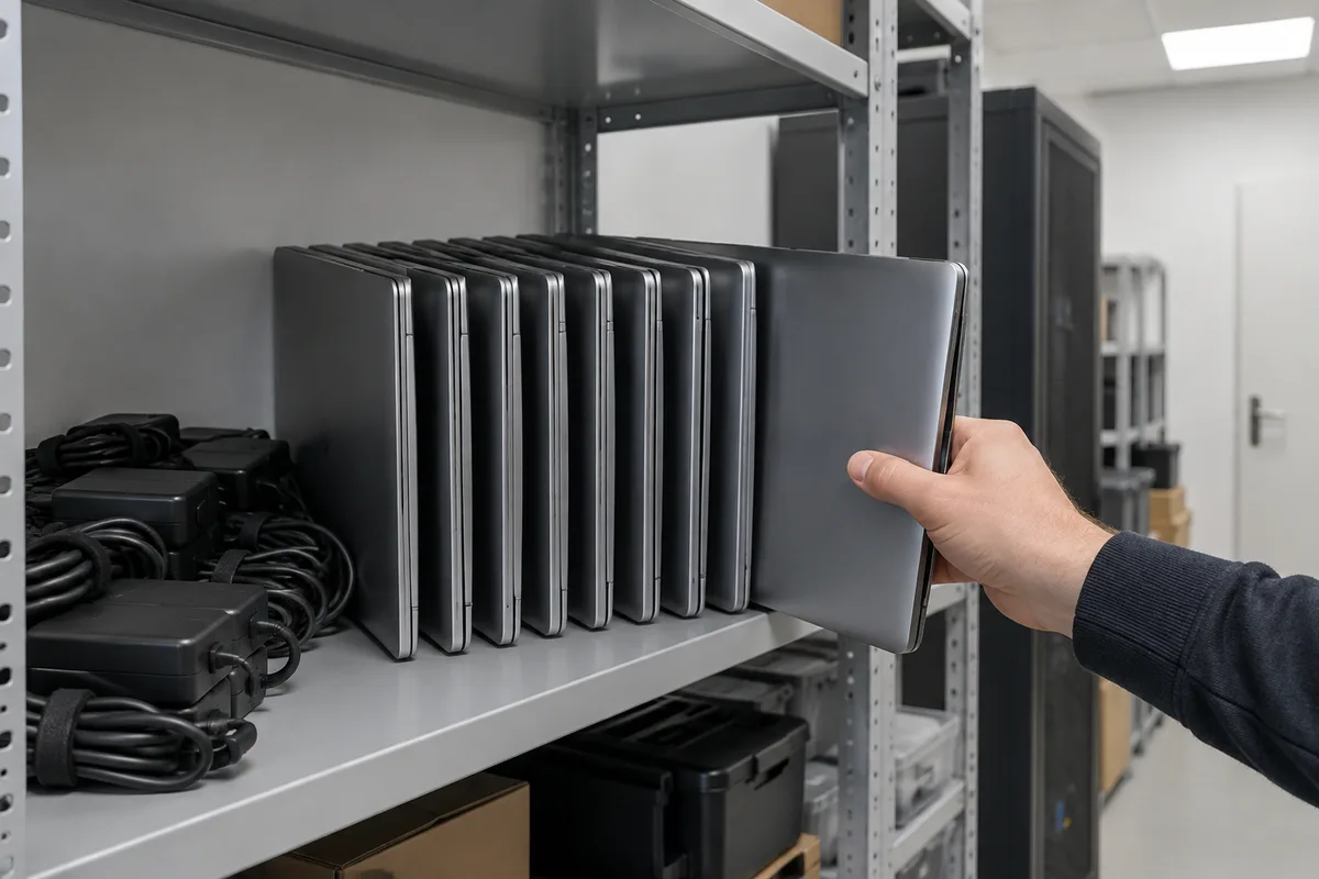 Ordinateurs portables gris fermés alignés sur l’étagère métallique de la réserve informatique d’une PME