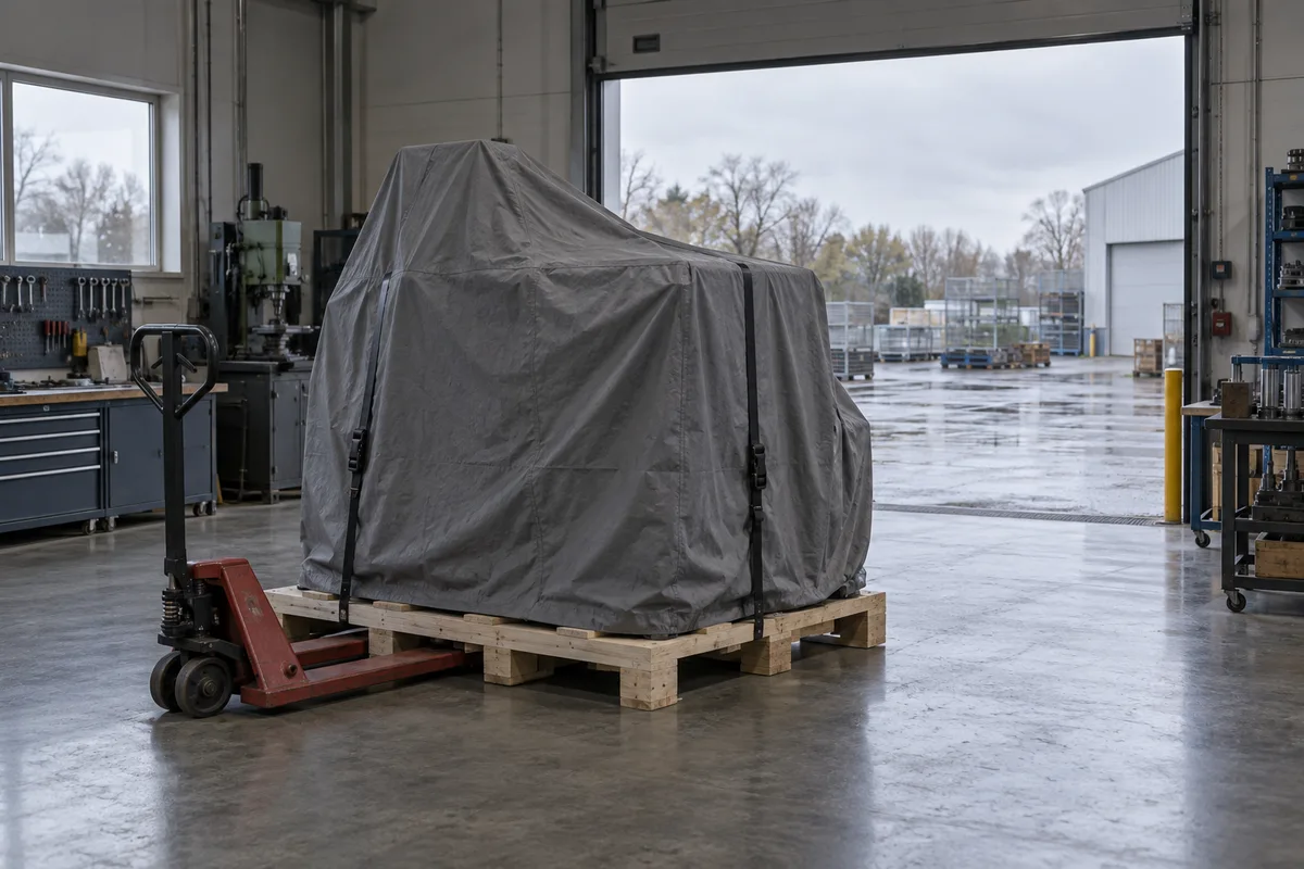Machine d’atelier sous housse grise sanglée sur une palette devant une porte sectionnelle ouverte