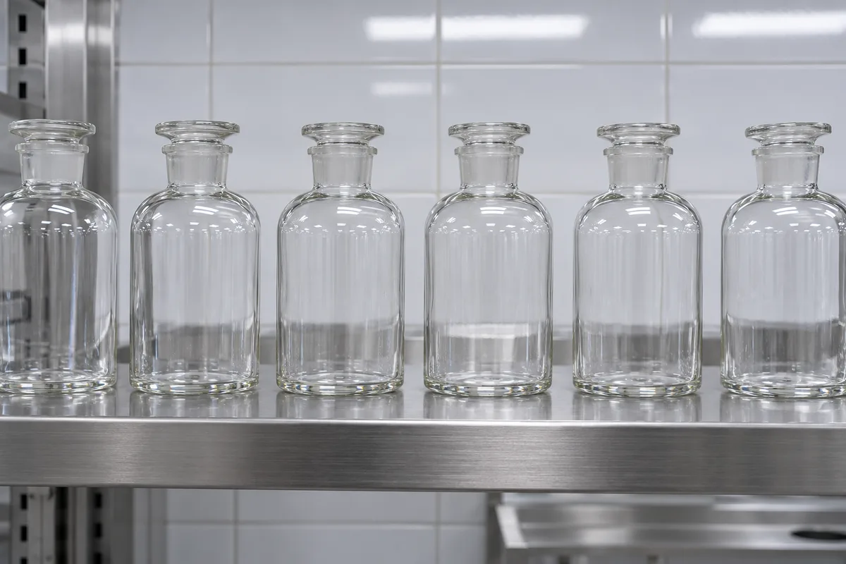 Flacons de verre vides alignés sur une étagère de laboratoire en inox