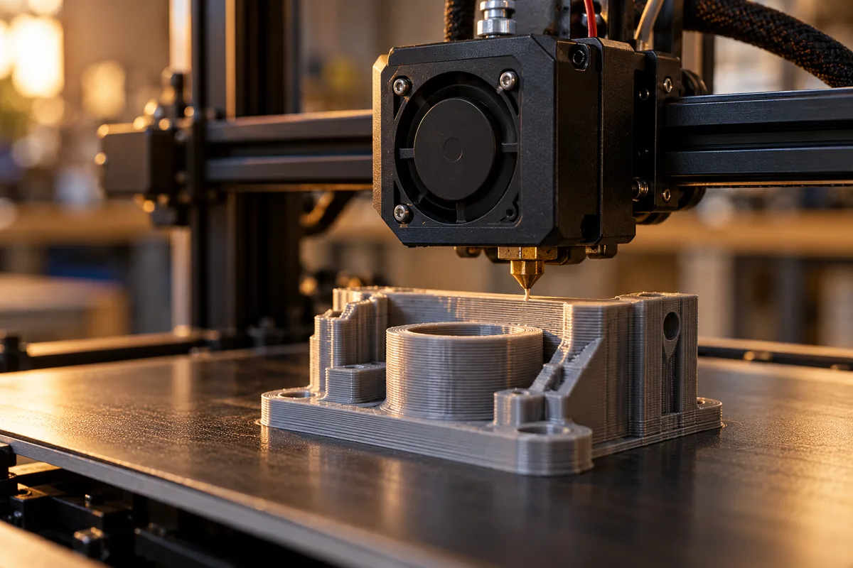 Buse d&rsquo;une imprimante 3D déposant le filament d&rsquo;une pièce grise