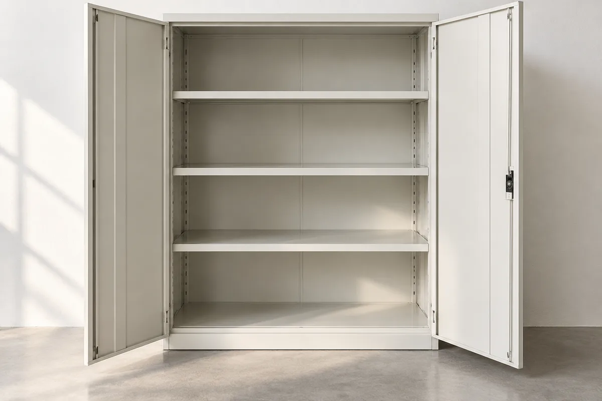 Armoire métallique vide aux portes grandes ouvertes après la vente des biens de la société