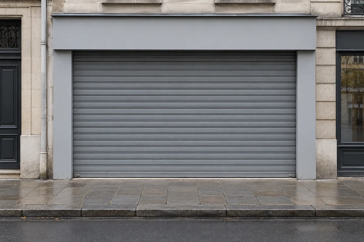 Rideau métallique gris baissé sur un local commercial fermé, dans une rue déserte