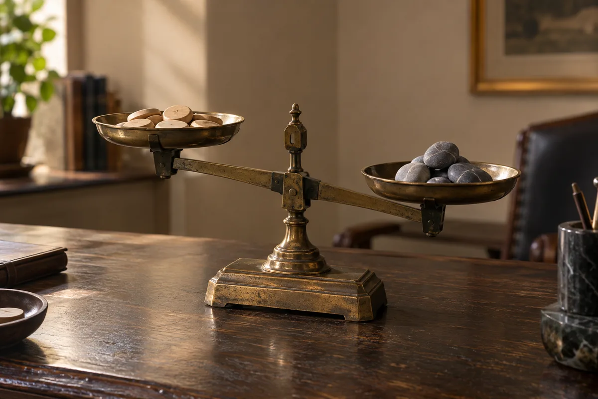 Balance de Roberval en laiton sur un bureau en bois sombre, jetons clairs dans un plateau et galets gris dans l&rsquo;autre