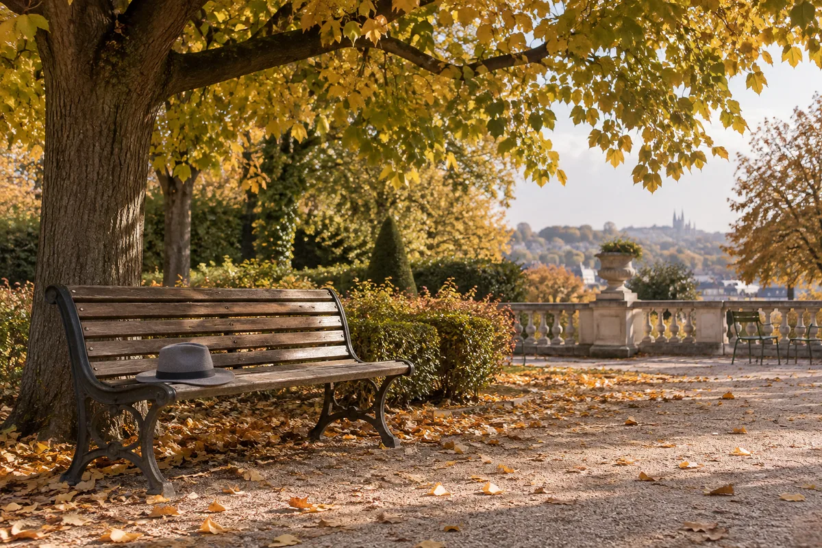 Banc en bois vide sous un tilleul dans un jardin public en automne, un chapeau de feutre posé sur l&rsquo;assise