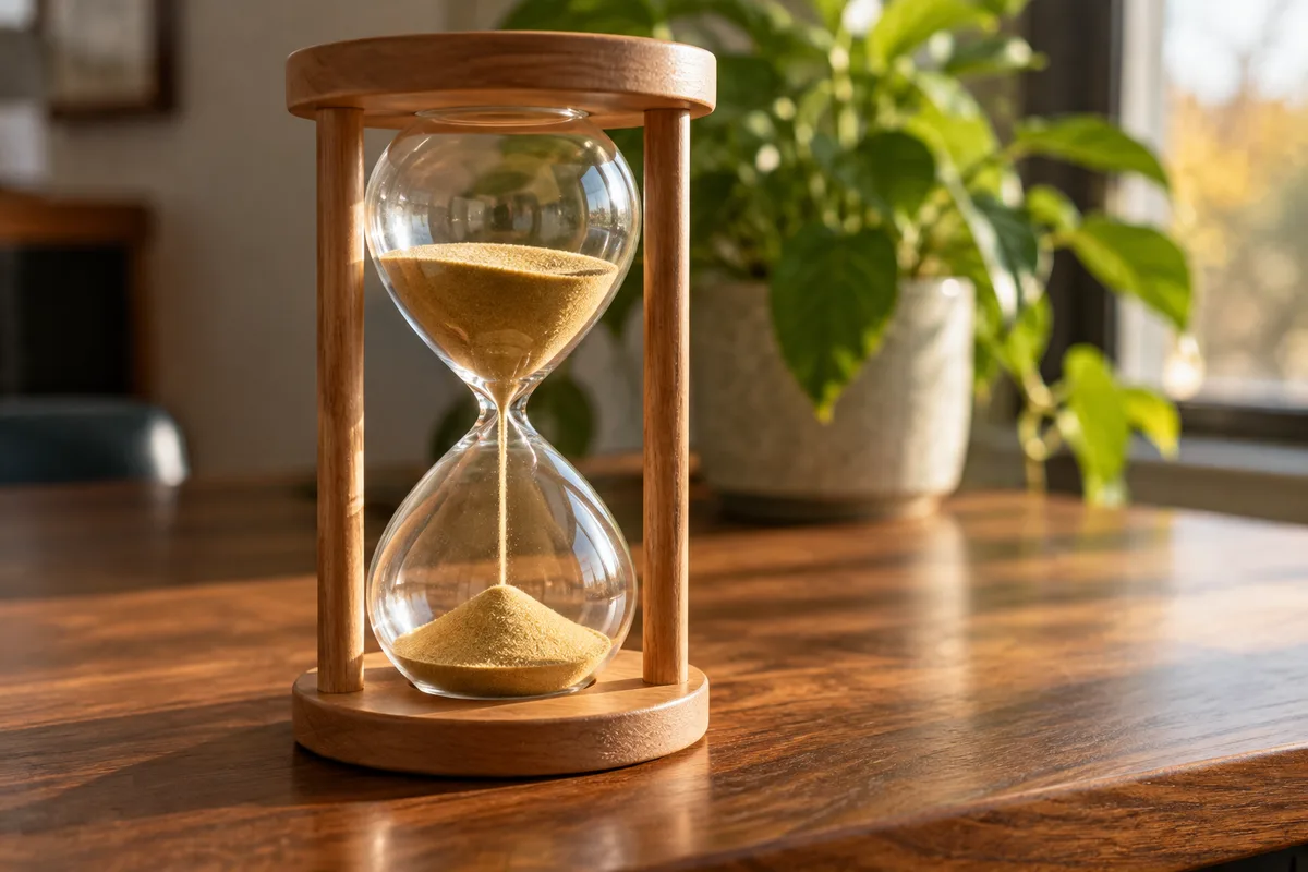 Sablier en verre et bois clair posé sur un bureau en noyer, sable doré qui s&rsquo;écoule près d&rsquo;une plante verte