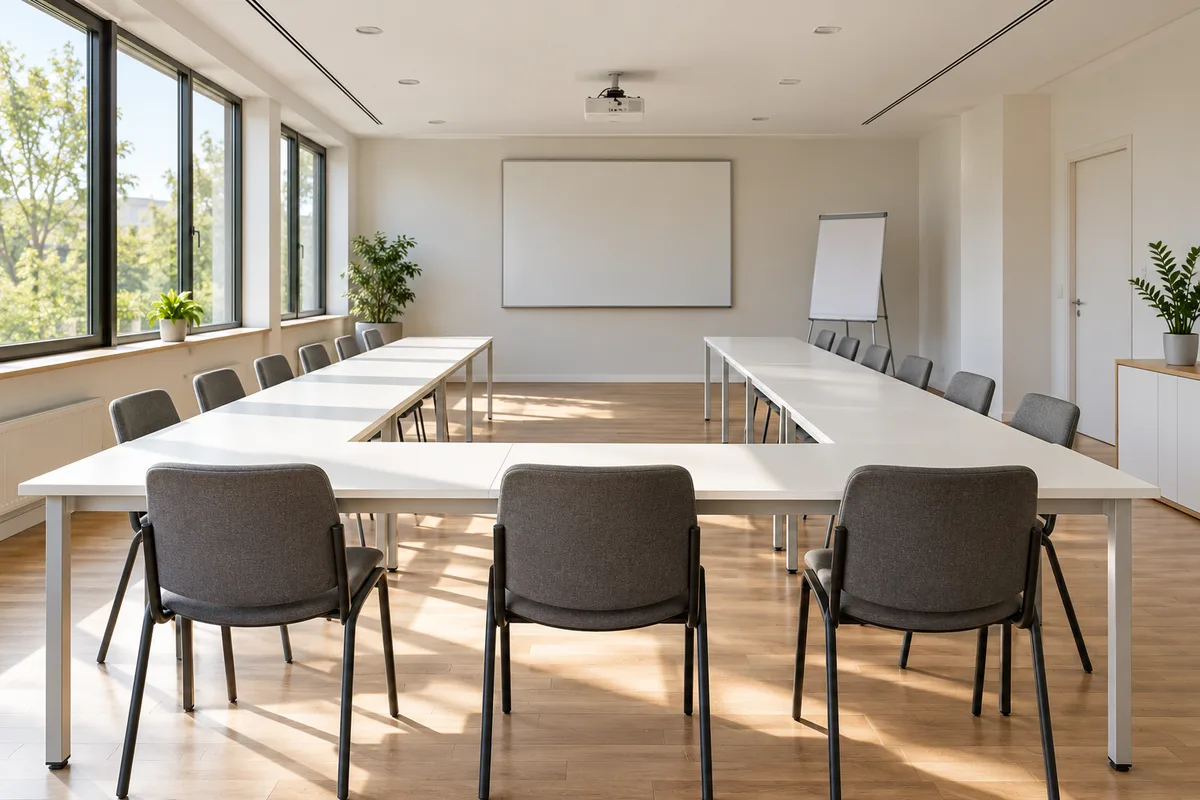 Salle de formation vide aux tables blanches disposées en U et aux chaises alignées