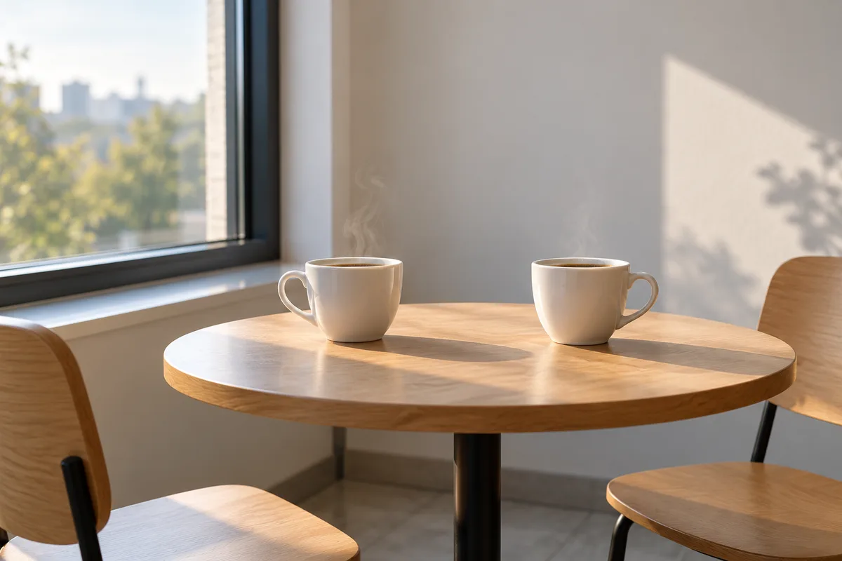Deux tasses de café posées sur une petite table ronde près d’une fenêtre