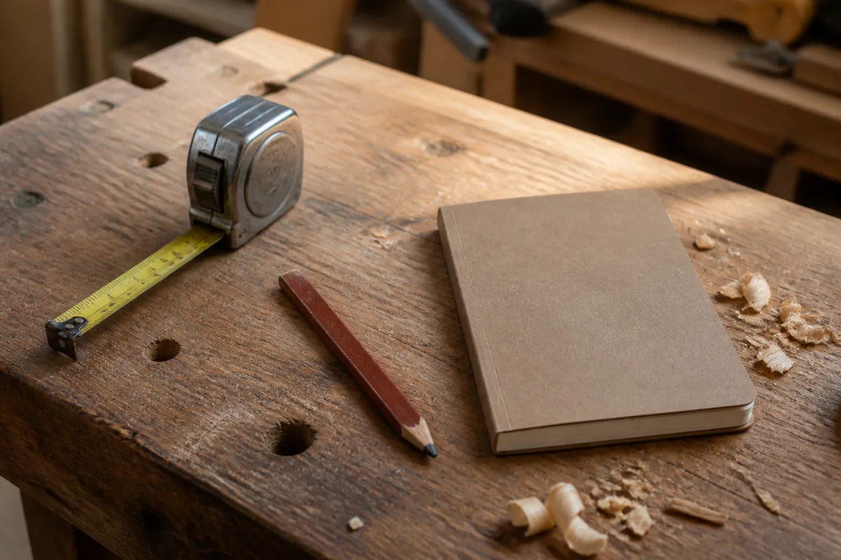Établi d’atelier en bois avec mètre ruban déroulé, crayon de menuisier et carnet fermé