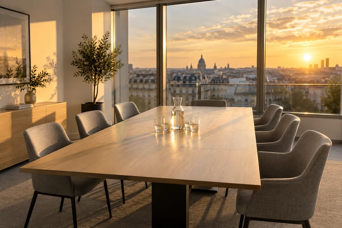 Salle de conseil vide d&rsquo;une holding, longue table en chêne et chaises repoussées