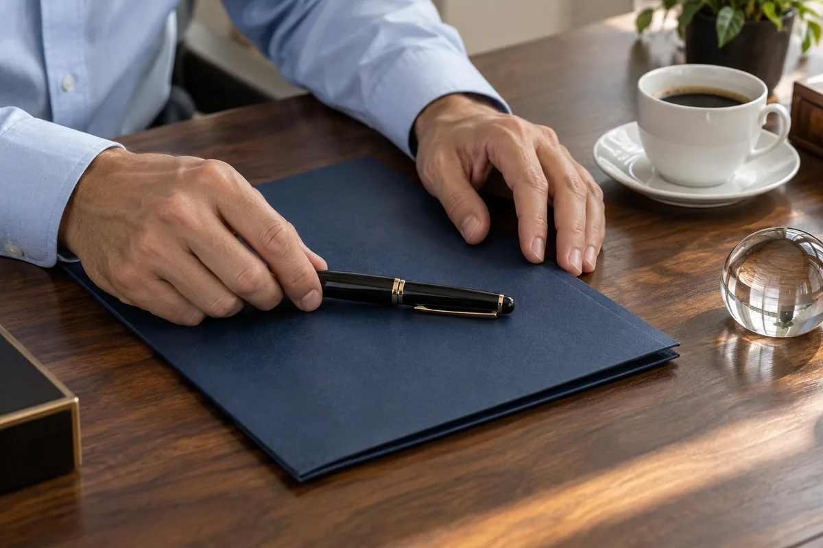 Mains posant un stylo plume sur une chemise fermée, signature d&rsquo;une convention d&rsquo;animation