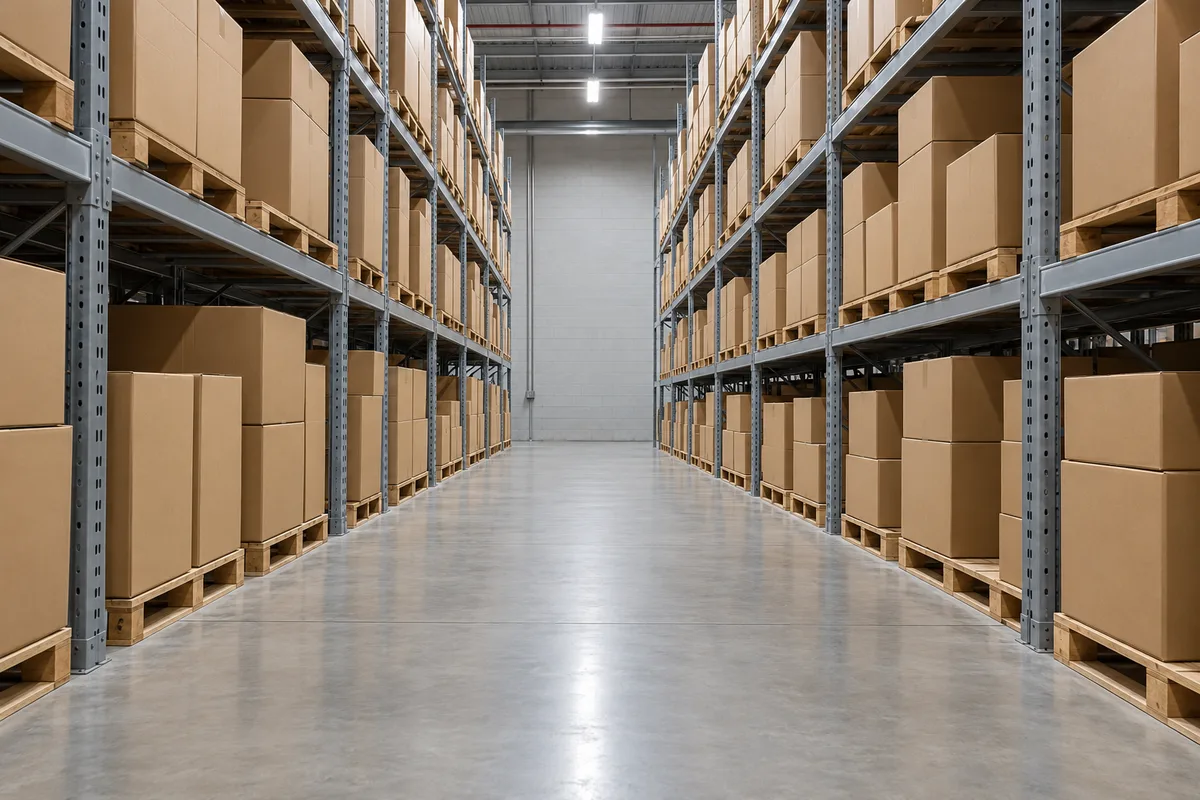 Rayonnages métalliques d&rsquo;un entrepôt de PME chargés de cartons bruns unis alignés
