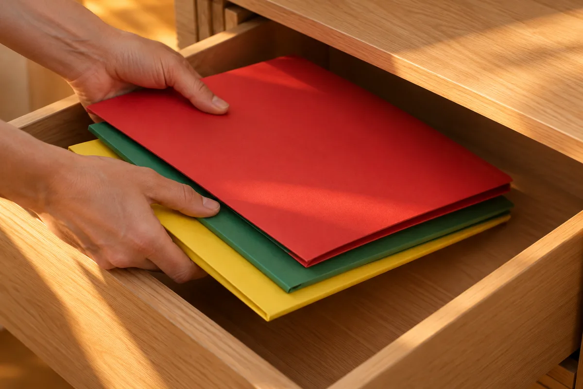Mains qui rangent des chemises cartonnées colorées fermées dans un tiroir de bureau en bois
